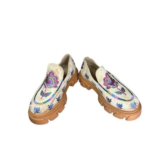 Farm Rio Embroidered Velvet Platform Loafers Beige US 8 Tropical Floral Chic - Picture 10 of 13